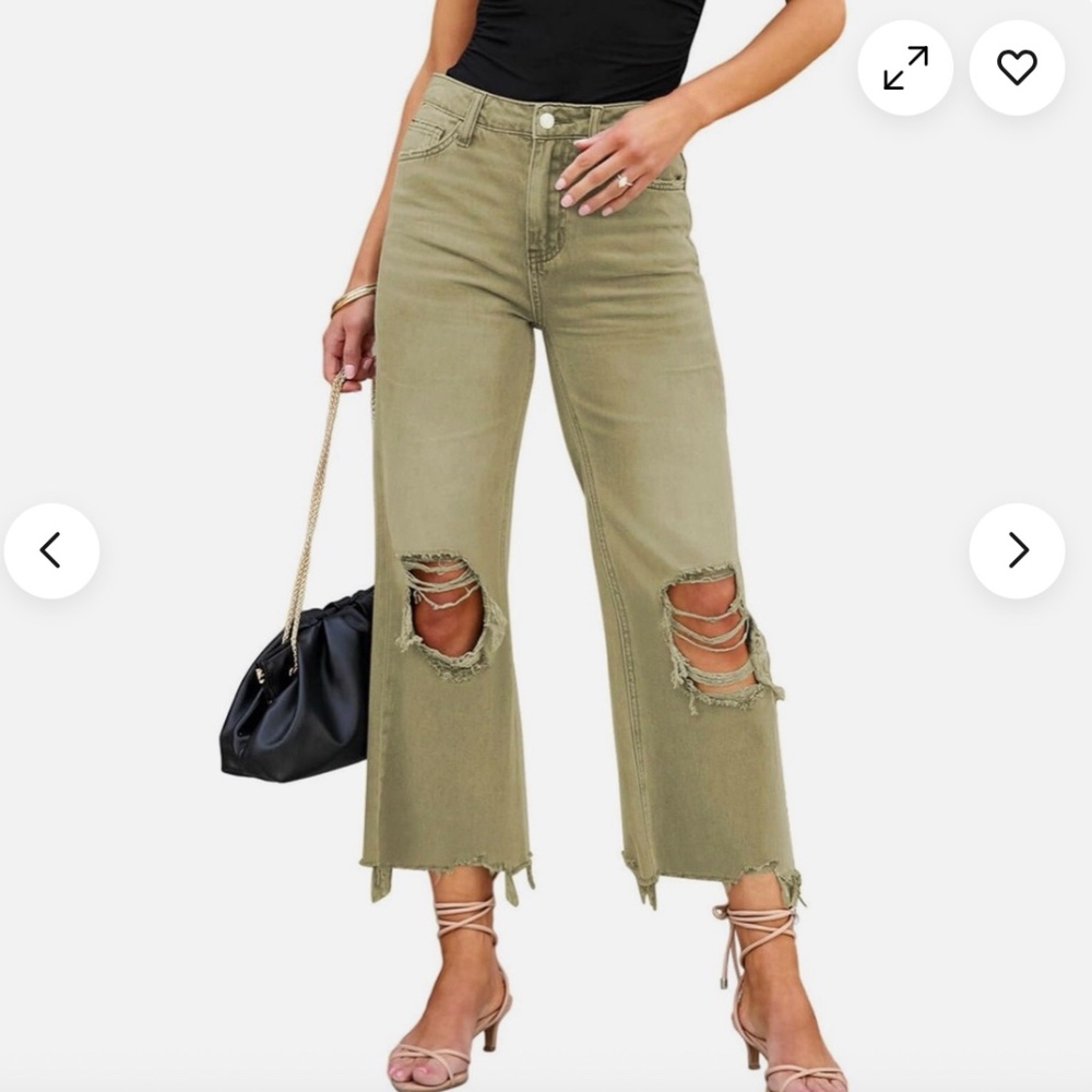 Altar'd State Olive Green Distressed Cropped Wide-Leg Jeans
